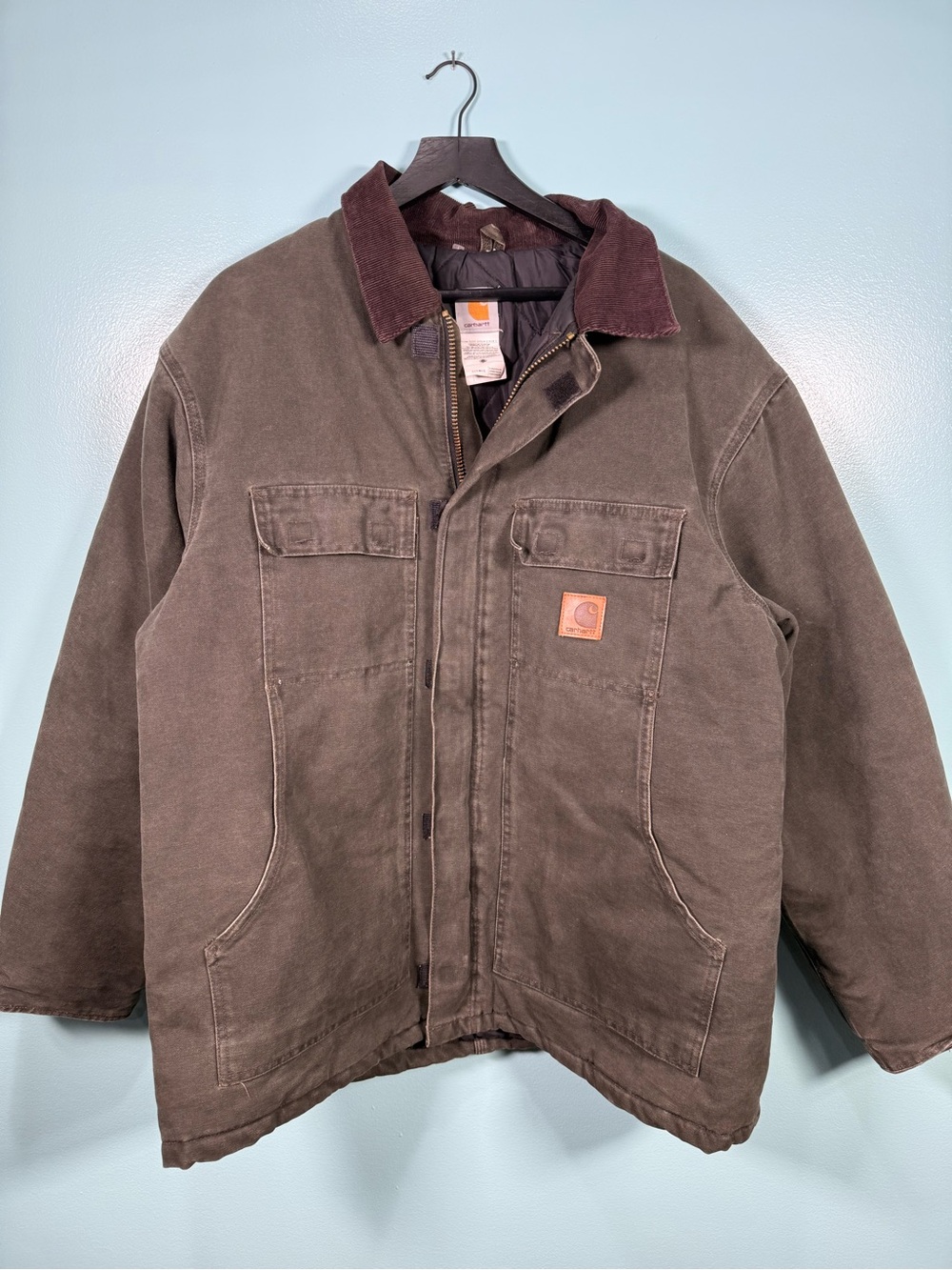 Carhartt Dark green Duck Jacket with Burgundy Corduroy Collar